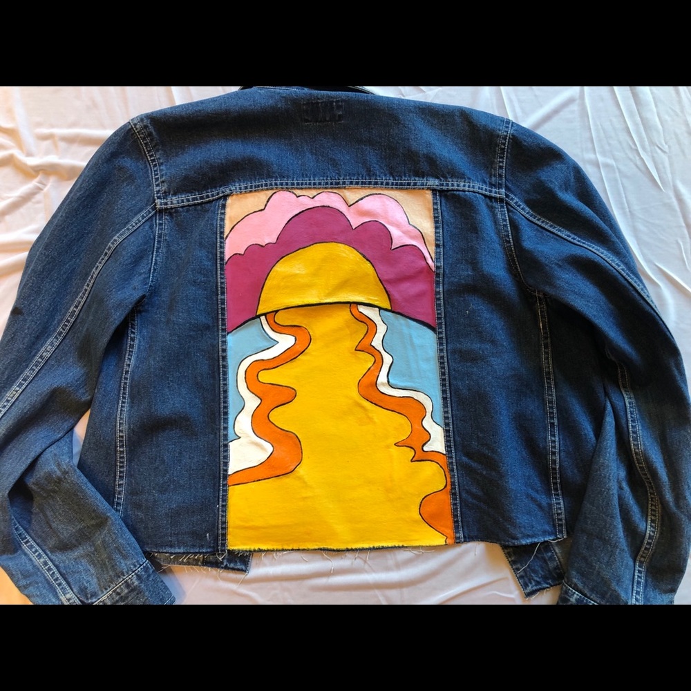 Cropped Denim Jacket.  artist hand painted sunset